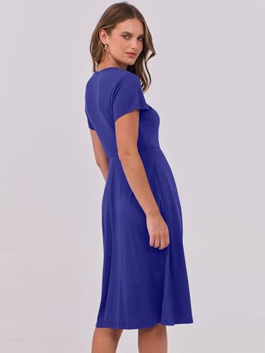 Image of ANRABESS Women Summer Dress Casual Short Sleeve V Neck A-Line Knee Length Pleated Flowy 2026 Fashion Midi Dresses with Pocket