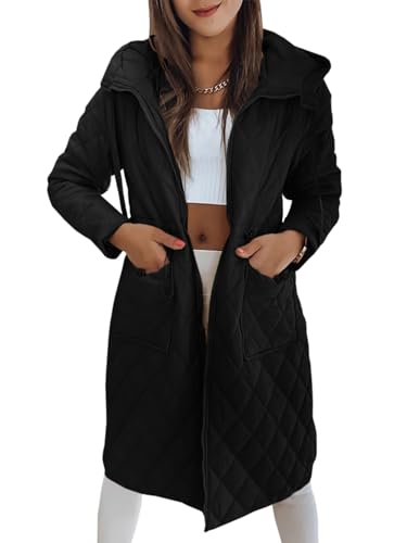 Imily Bela Womens Long Quilted Jackets Zip Up Hooded Drawstring Waist Coats with Pockets