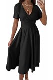 Nmoder Casual Wrap Midi Dresses for Women Wedding Guest Cocktail Tea A-Line Swing Dresses V Neck Short Sleeve with Pockets Black L