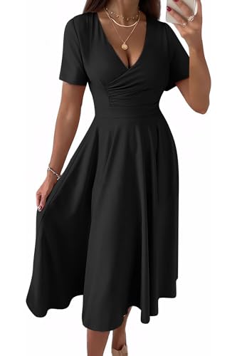 Image of Nmoder Casual Wrap Midi Dresses for Women Wedding Guest Cocktail Tea A-Line Swing Dresses V Neck Short Sleeve with Pockets Black L