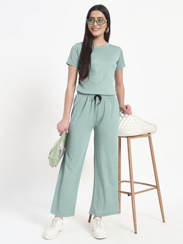 Image of Vogaan Women's Summer 2 Piece Co-Ord Set for Women Casual Short Sleeve Crop Top Wide Leg Sweat Pants for Travel Vacation Outfits Lounge Sets