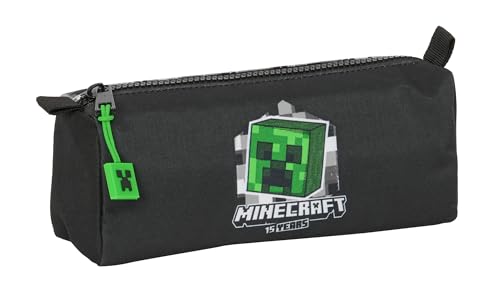 MINECRAFT - Portatodo con cremallera y compartimiento, Estuche Infantil, Estuche Niño, Ideal para Niños en Edad Escolar, Cómodo y Versátil, Calidad y Resistencia, 21x7x8 cm, Color Negro/Gris/Verde