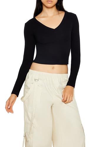 Forever 21 Long-Sleeve V-Neck Crop Top Black Medium