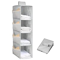 QUMENEY Hanging Wardrobe Storage Closet Organiser Hanging Storage Shelves With Side Pockets Clothes Organiser Space-Saving and Foldable Bedroom Storage Grey (4 Layers)