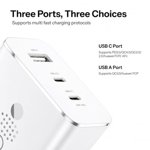 Image of 65W Trio Charger Adapter,3 Port USB Type C to A Fast Wall Charging Compatible with Nothing CMF Phone 1 /Nothing Phone 2 /2a /2a Plus /3a /3a Plus /Tablet & More, White | BIS Certified