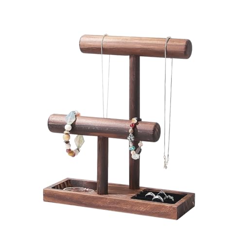 Image of ByKen Necklace Holder,Bracelet Holder,Jewelry Organizer Stand with Earrings Rings Tray,Jewelry Holder for Scrunchie Watches (Wood)
