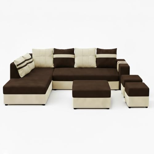Image of Stova Luxe Velvet-Suede Fabric 8 Seater LHS L Shape Sofa Set | with 2 Ottoman & Centre Table| Comfortable & Spacious Seating | Modern Sofa Set for Living Room - Dark Brown & Cream