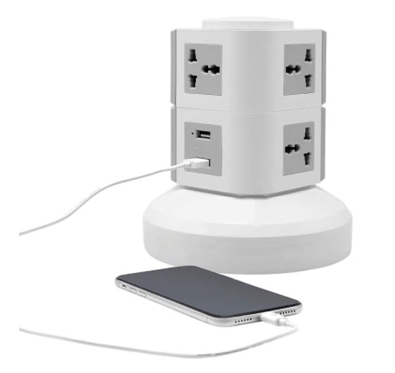 Universal Electrical Tower Extension Outlet with USB Ports/3M Cord & UK-Plug (220V, Grey) 2 Layers