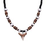 BlueRica Shark Tooth on Black Coconut & Puka Chip Shell Beads Necklace (18' 3L)