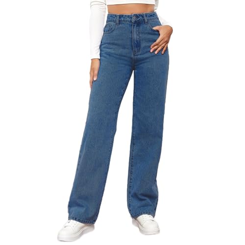 Damen Baggy Jeans Straight Mädchen Jeanshose Wide Leg Hellblaue Hose Weites Bein Coole Sommerjeans Outfit 90Er Jeanshosen Hosen Dünne Hüftjeans Cargohose Boyfriend Mode Schlaghosen Dunkelblau S