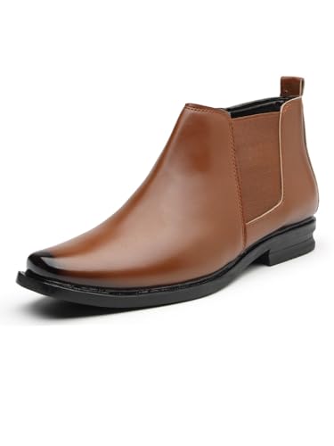 Image of Men's Stylish Vegan Leather Chelsea Boots with Side Zipper & Elastic Panel, Square Toe Ankle Boot (Tan /Black /Brown)