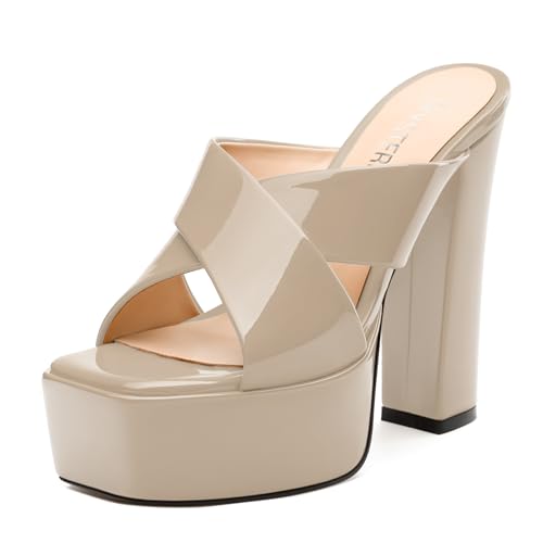 SKYSTERRY Women's Platform Heels 5.1-Inch High Chunky Block Wedges Heel Square Open Toe Sandals Patent Comfortable Slip On Cross-Strap Dressy Pumps Shoes