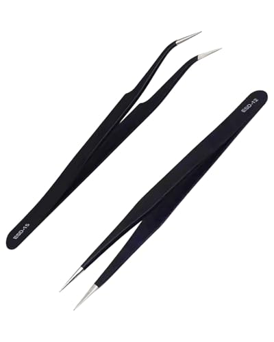 WUNZILO 2 Pièces à Epiler de Précision, Anti-Statique Curved Pince, Souder de précision Tweezers, Pincettes de précision ESD Antistatiques en Acier Inoxydable pour tous types de Réparations