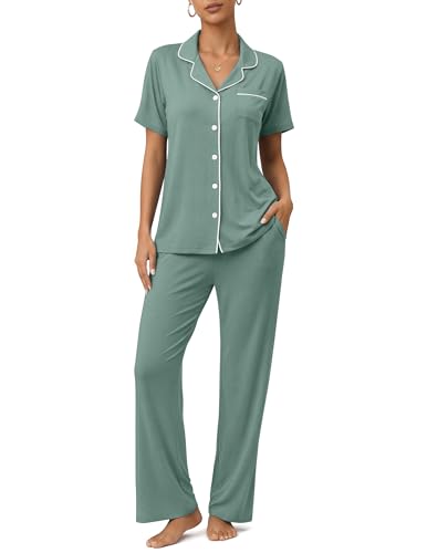 Image of Womens Pajamas Sets 2 Piece Button Up Pj Sets Short Sleeve with Long Pant