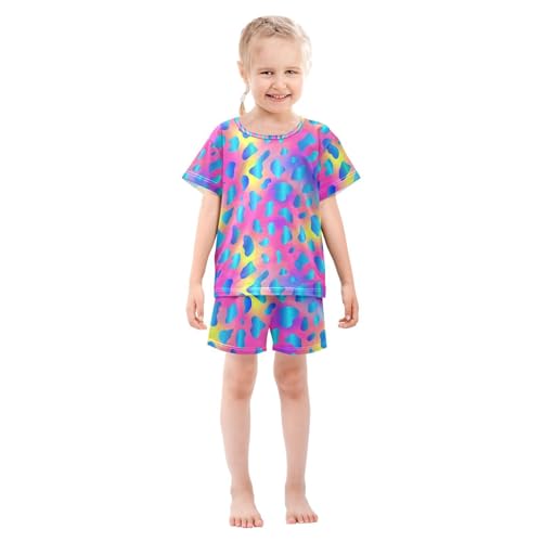 ALAZA Rainbow Leopard Abstract Pajamas Set Short Sleeve Cotton Sleepwear Summer Pjs 2 Piece 5-14Y3