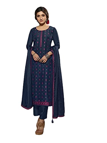 Salwar Kameez indien en soie jacquard bleu marine et dupatta 7992