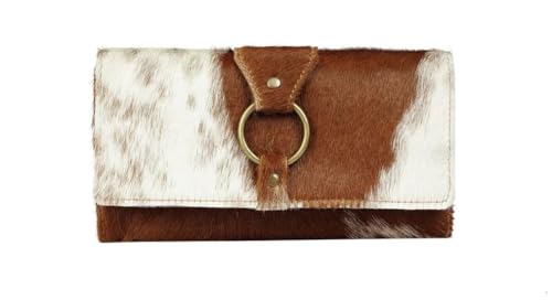 Image of Myra Bag Crocheted Cowhide Wallet - 7.5x4 Cow Print Wallets for Women, Brown and White Clutch, Long, Leather, Western Cowprint, Boho Style, Country Stuff, Cowgirl Gifts for Women, Mom, Sister, Aunt