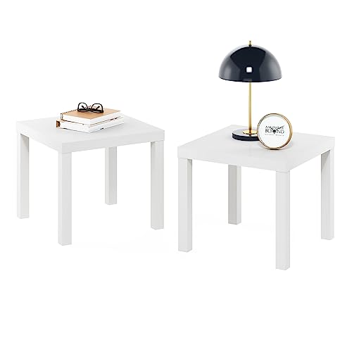 Image of Furinno Classic Homey Square Parsons Side End Table, Set of 2, White | 1.8 inch Triple Thick Tabletop, Modern End Table, Simple Night Stand, Bedside Table, for Living Room, Bedroom
