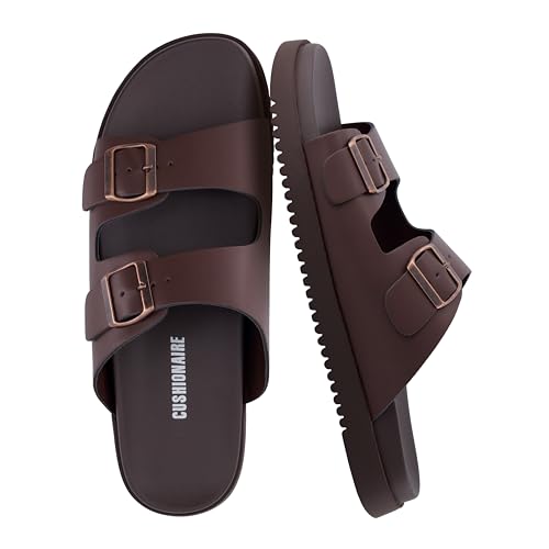 CUSHIONAIRE Nation Slip On Slides for Men with Adjustable Straps Cushioned Footbed and Ridged Grip Outsole - Everyday Mens Sandals BROWN 10