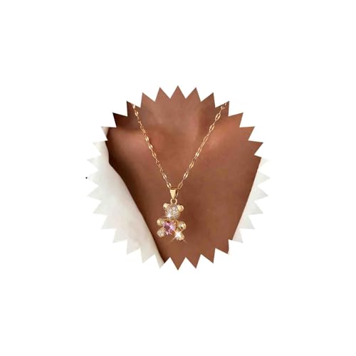 Aivacai Cute Bear Necklace Gold Pink Crystal Heart Cz Pendant Necklace Choker Dainty Chain Simple Necklace Thin Necklace Minimalist Necklace Rhinestones Bear Animal Necklace Jewelry for Women