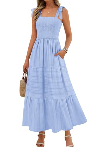 MEROKEETY Women's Summer Boho Maxi Dress Beach Vacation Casual Smocked A Line Sundress with Pockets, Blue, Large