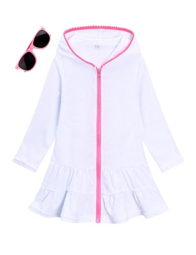 Image of Girls Swim Cover Up Kids Long Sleeve Swimsuit Coverup Terry Beach Pool Clothes with Sunglasses