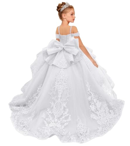 Chyrbaby White Flower Girl Dress with Bow Lace Applique Tulle Cold Shoulder Vestidos De Primera Comunion Little Girl Princess Ball Gown Size 6