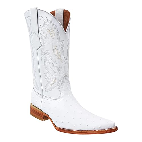 Mens White Diamonds White Ostrich Print Snip Toe Cowboy Boots Imitacin Avestruz Shaft Western Dress Boots Bright White Fashion Western Boots for Weddings Concerts and Special Events (White 10.5 US Footwear Size System Adult Men Numeric Medium 10.5)