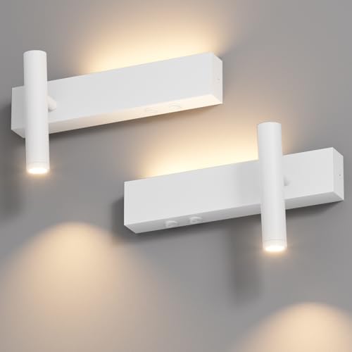 Klighten 2X LED Aplique de pared Interior 2 Flamas, 3W+3W 3000K Lámpara de Pared con 2 Interruptor, Foco de Pared Redondo 330°Rotación/60°Orientable, Aluminio, para Dormitorio, Luz Cálida, Blanco