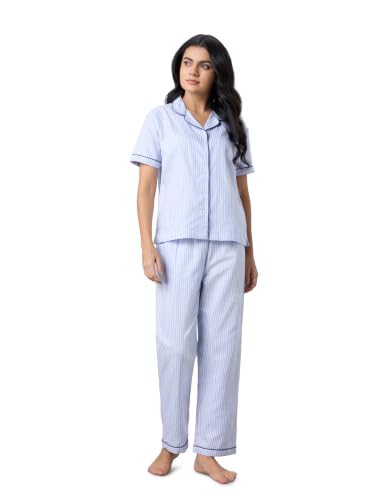 Image of Symbol Premium Women's Cotton Night Suit Set | Short Sleeve Shirt & Pajama Set | Stripes with Contrast Piping | Regular Fit (Available in Plus Sizes)