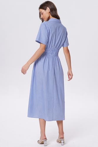 Image of Ladyful Women Casual Button Down Short Sleeve Shirt Dress Tie Waist Midi Shirt Dress Elegant Business Party