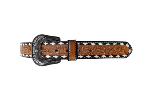Unisex Western Genuine Leather Tooled Belt with Buckstitch 30IS0013