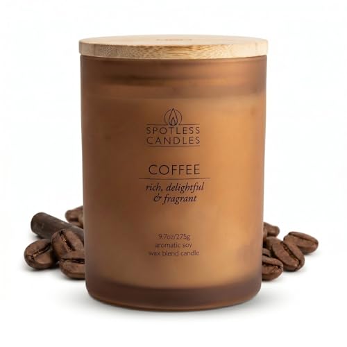 Coffee Candle; 9.7oz 55 Hrs Burn Time Soy Wax Brown Frosted Jar with Crackling Wooden Wick & Luxury Gift Box with Gold Foil Strip: Coffee Scented Candle by Spotless Candles