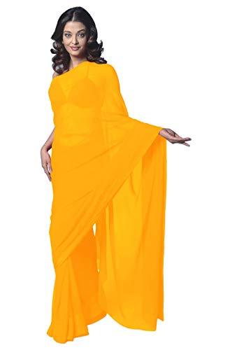 themilestocks Women's Bollywood Chiffon Plain Sari Festival Uniform Saree Wrap Fabric Unstitched Blouse Piece Party Wear (Yellow),One Size