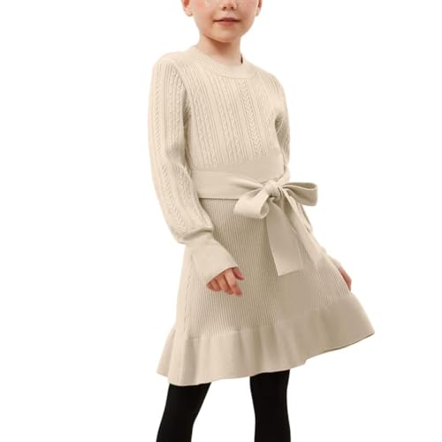 CHILDRENSTAR Girls Sweater Dress Ruffles Long Sleeve Warm Winter Pullover Cable Knit Clothes Belted for Kids