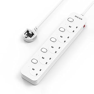Mscien Extension Lead 5 Way Plug Sockets with Individual Switches, Overload/Surge Protection Wall Mountable Power Strip 1M Extension Cable 13A/3250W