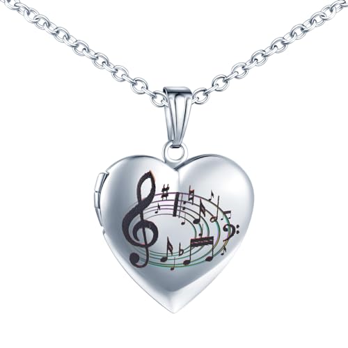 INFINIONLY Colliers Médaillons Cœur en Acier Inoxydable pour Femme Fille Enfant Pendentif Note de Musique Collier Souvenir Photo Personnalisé, Argent