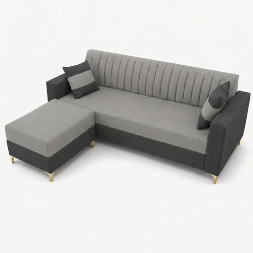 Image of FURNY Signature Regalia 4-Seater L-Shape Sofa Set with Movable Ottoman | Flexible LHS /RHS Layout | Boston Fabric | 40D Foam + Zigzag Spring | 3-Yr Warranty (Ash Grey, Light Grey)