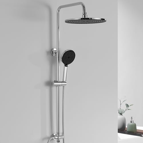 DERW Shower Riser Kit with 10 Round Rainfall Shower Head, 4 Spray Modes Handheld Shower with Rotating Bracket, Shower Set Without Mixer, Anti-Leak Hose,Easy Install, Suitable for Bathrooms(Chrome)