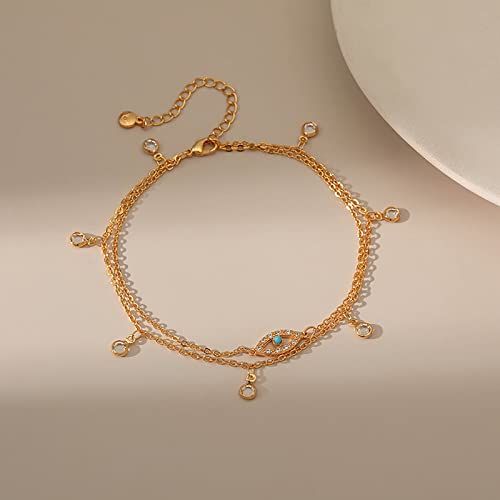 Evil Eye Anklets For Women 18 Gold Plated Dainty Layered Evil Eye Turquoise Ankle Bracelets For Women Teen Girls, Adjustable, Handmade Anklets #TOP1
