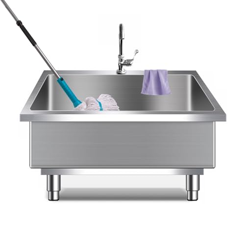 Maxbetip Stainless Steel Mop Sink Single Bowl Freestanding Floor Service Basin, with Faucet Utility Commercial Sink, for Laundry Room Farmhouse Indoor and Outdoor Pet Cleaning (23.62*19.68*19.68IN)