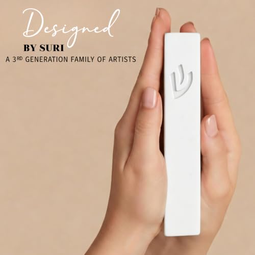 Image of SURI Mezuzah for Door - 6 Inch White Concrete Mezuzah Case with Non Kosher Scroll, Self-Stick Jewish Entry Design, Fits a 5 Inch Scroll, Gift Box Included