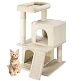 BAKAJI Árbol rascador para Gatos con 3 casetas de Refugio y 1 Bola, rascador para Mascotas Acolchado y Suave Juego de Juguete, Centro de Actividades multinivel trepadora, Altura 91,5 cm (Beige)