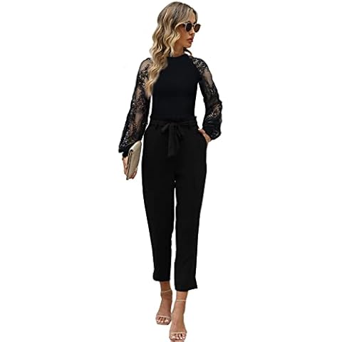 FANCYINN Lace Long Sleeeve Top for Womens Waffle Knit Hollow Out Casual Tracksuit Loose Blouses and Pant Suit Cover