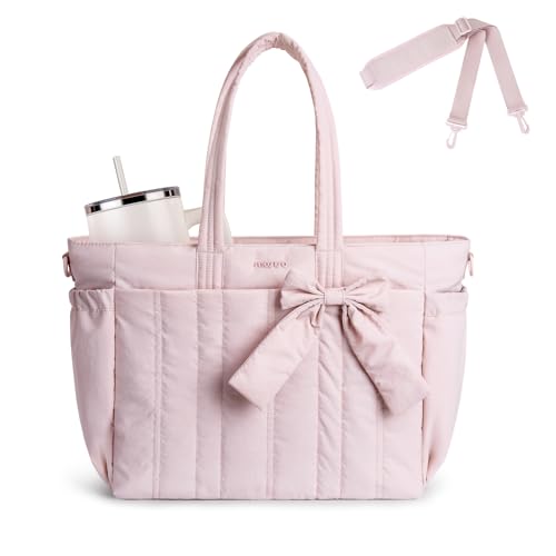 MOSISO Tote Bag for Women Laptop Bags Handbag Work Tote Bag with Cup Holder & Bownot & 15-16 inch Laptop Compartment for Travel Work School Lightweight Puffer Tote Bags with Trolley Sleeve Pink