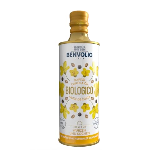 BENVOLIO - Huile de Colza Biologique | 500ml | Huile de Canola BIO riche en Oméga 3 et Vitamine E | Idéal pour Cuisson et Salades, Huile Polyvalente pour Bébé et Toute Famille | Rapsöl, Rapeseed Oil
