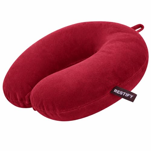 Image of Restify Premium Memory Foam Travel Neck Pillow | Soft Velvet U Shape Neck Support Cushion for Flight, Airplane, Car & Office Travel | Portable Pillow for Men & Women | Maroon