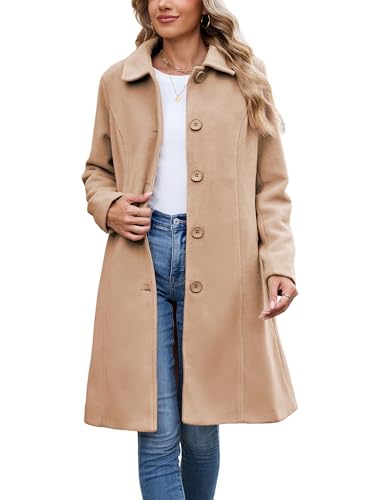 Image of Springrain Womens Pea Coat Elegant Overcoat Single Breasted Winter Coat Dress Coat with Pockets(Camel-L)