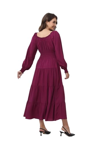 Image of OSTOO Women's 2026 Casual Long Sleeve Square Neck Smocked High Waist Flowy Maxi Dress,Boho Tiered Beach Party Dress