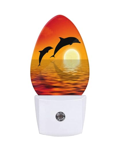 Image of Ocean Night Light Dolphins Jumping Sunset Sea Beach Plug-in Nightlight Energy Saving 0.5W LED Lighting for Boys Girls Men Women